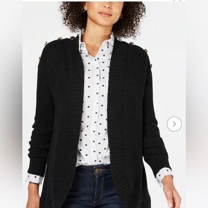 NWT Charter Club Black Open Front Cardigan with Gold Button Accents, Petite Lg